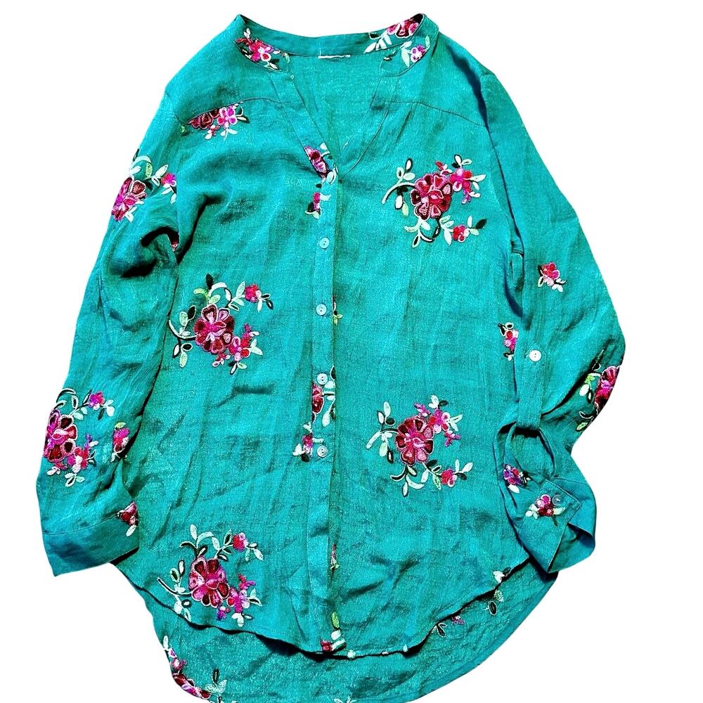 Green Pink Floral Embroidered Lightweight  Long Sleeve Preppy Cottage Blouse
